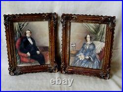 Pair Antique Folk Art Portraits, Husband & Wife 1851