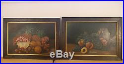Pair Antique Folk Art Still Life Fruit Paintings 1912 M McIntosh OiL On Board