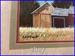 Pair Folk Art Watercolor & Gouache Barns Signed Lambert