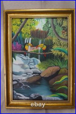 Pair Latin American Signed Folk Art Oil Paintings Jungle Toucan and Village Pair Latin American Signed Folk Art Oil Paintings Jungle Toucan and Village