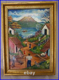 Pair Latin American Signed Folk Art Oil Paintings Jungle Toucan and Village Pair Latin American Signed Folk Art Oil Paintings Jungle Toucan and Village