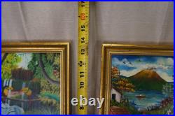 Pair Latin American Signed Folk Art Oil Paintings Jungle Toucan and Village Pair Latin American Signed Folk Art Oil Paintings Jungle Toucan and Village
