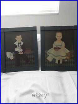 Pair of Folk Art Paintings-Portrait of Boy with Rabbits/Girl withBasket of Apples