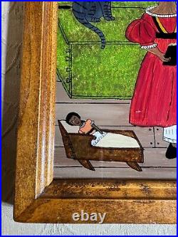 Patricia Lausch 1994 Folk Art Reverse Oil On Glass Painting A Family Scene