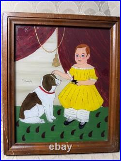 Patricia Lausch Folk Art Reverse Oil On Glass Painting A Girl And Dog Scene Patricia Lausch Folk Art Reverse Oil On Glass Painting A Girl And Dog Scene