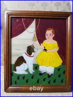 Patricia Lausch Folk Art Reverse Oil On Glass Painting A Girl And Dog Scene Patricia Lausch Folk Art Reverse Oil On Glass Painting A Girl And Dog Scene