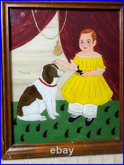 Patricia Lausch Folk Art Reverse Oil On Glass Painting A Girl And Dog Scene Patricia Lausch Folk Art Reverse Oil On Glass Painting A Girl And Dog Scene