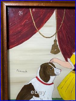 Patricia Lausch Folk Art Reverse Oil On Glass Painting A Girl And Dog Scene Patricia Lausch Folk Art Reverse Oil On Glass Painting A Girl And Dog Scene