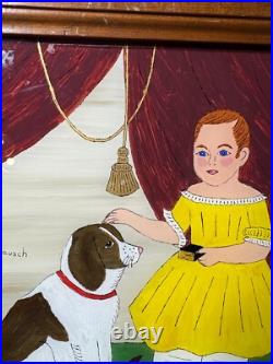 Patricia Lausch Folk Art Reverse Oil On Glass Painting A Girl And Dog Scene Patricia Lausch Folk Art Reverse Oil On Glass Painting A Girl And Dog Scene