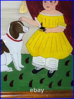 Patricia Lausch Folk Art Reverse Oil On Glass Painting A Girl And Dog Scene Patricia Lausch Folk Art Reverse Oil On Glass Painting A Girl And Dog Scene