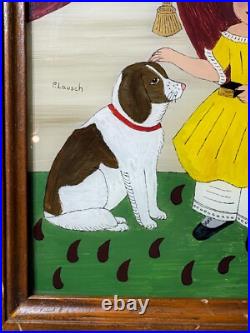 Patricia Lausch Folk Art Reverse Oil On Glass Painting A Girl And Dog Scene Patricia Lausch Folk Art Reverse Oil On Glass Painting A Girl And Dog Scene