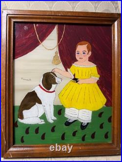 Patricia Lausch Folk Art Reverse Oil On Glass Painting A Girl And Dog Scene Patricia Lausch Folk Art Reverse Oil On Glass Painting A Girl And Dog Scene