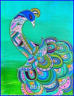 Peacock Folk Art Painting 11x14 Original Abstract Acrylic Boho Wall Decor
