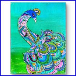 Peacock Folk Art Painting 11x14 Original Abstract Acrylic Boho Wall Decor