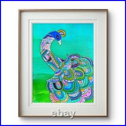 Peacock Folk Art Painting 11x14 Original Abstract Acrylic Boho Wall Decor