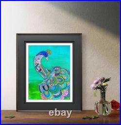 Peacock Folk Art Painting 11x14 Original Abstract Acrylic Boho Wall Decor