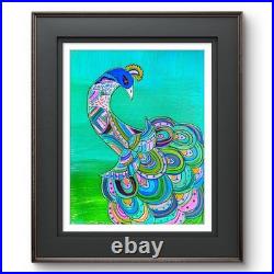 Peacock Folk Art Painting 11x14 Original Abstract Acrylic Boho Wall Decor