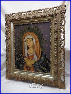 Peruvian Cusco Folk Art Madonna Portrait Oil Painting in Antique Ornate Wood FRM