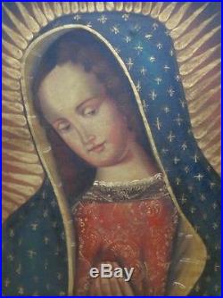 Peruvian Cusco Folk Art Painting Lady Guadalupe in Antique Style Ornate Frame