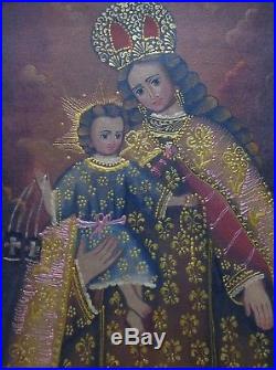 Peruvian Cusco Folk Art Religious Painting Madonna & Child in Antique Wood Frame