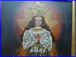Peruvian Cusco Folk Art Religious Painting Madonna in Antique Style wood Frame