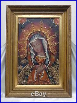 Peruvian Cusco Folk Art Religious Painting Virgin Portrait in Antique Wooden FR