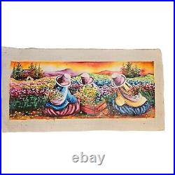 Peruvian Original Oil Painting Mexican Picking Flowers On Fabric 11 X 21 Vibrant