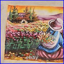 Peruvian Original Oil Painting Mexican Picking Flowers On Fabric 11 X 21 Vibrant