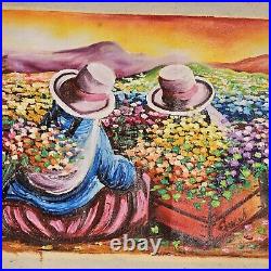 Peruvian Original Oil Painting Mexican Picking Flowers On Fabric 11 X 21 Vibrant