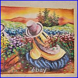 Peruvian Original Oil Painting Mexican Picking Flowers On Fabric 11 X 21 Vibrant