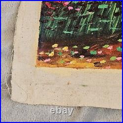 Peruvian Original Oil Painting Mexican Picking Flowers On Fabric 11 X 21 Vibrant