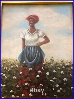 Pickin Cotton Farmers Wife Hand Painted Framed Signed Oil Painting