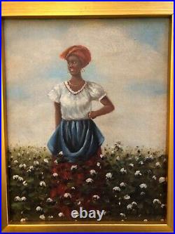 Pickin Cotton Farmers Wife Hand Painted Framed Signed Oil Painting