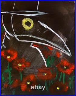 Plague Mask andPoppies Home Decor Interior Design Canvas Painting Original 14x11