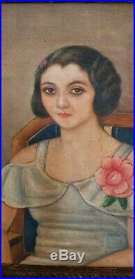 Portrait Painting In Oil Of An Art Deco Mexican Folk Art Girl Very Frieda