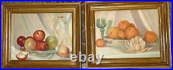 Pr of Vintage Original Framed Oil Paintings Apples & Oranges/Fruit Still Lifes
