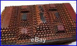 Primitive 1880s Tramp Art BOX Cuba Cigars Chip Carved FOLK ART w RED BLACK PAINT
