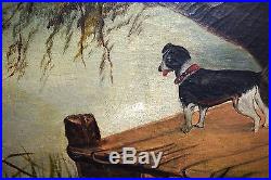 Primitive American Folk Art Oil on Canvas Painting First Lesson in Fishing