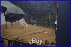 Primitive American Folk Art Oil on Canvas Painting First Lesson in Fishing