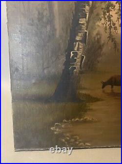 Primitive Antique Country Folk Art Landscape Oil Painting on Canvas with Cows