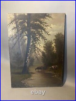 Primitive Antique Country Folk Art Landscape Oil Painting on Canvas with Cows