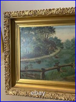 Primitive Antique Country Folk Art Oil Painting Gilt Framed Landscape With Sheep