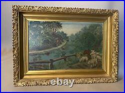 Primitive Antique Country Folk Art Oil Painting Gilt Framed Landscape With Sheep