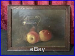 Primitive Antique Country Folk Art Still Life Oil Painting On Board Fruit & Jug