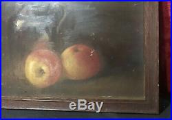 Primitive Antique Country Folk Art Still Life Oil Painting On Board Fruit & Jug