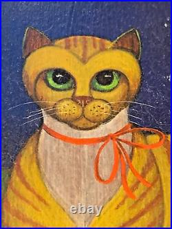 Primitive Antique Folk Art painting on WoodCheeky Tabby Striped Pussy Cat Kitty