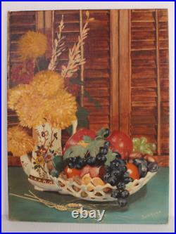 Primitive Folk Art Fruit Flowers Still Life 16x12 Oil Painting Signed Justine