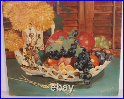 Primitive Folk Art Fruit Flowers Still Life 16x12 Oil Painting Signed Justine