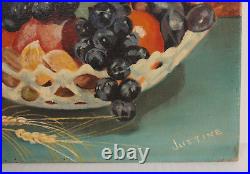 Primitive Folk Art Fruit Flowers Still Life 16x12 Oil Painting Signed Justine