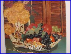 Primitive Folk Art Fruit Flowers Still Life 16x12 Oil Painting Signed Justine